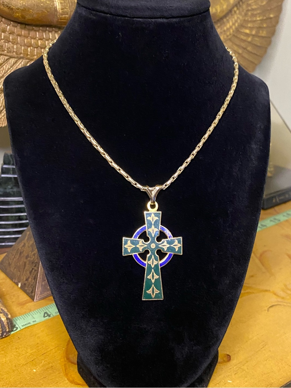 Vintage Green and Blue Enamel Cross Pendant Necklace